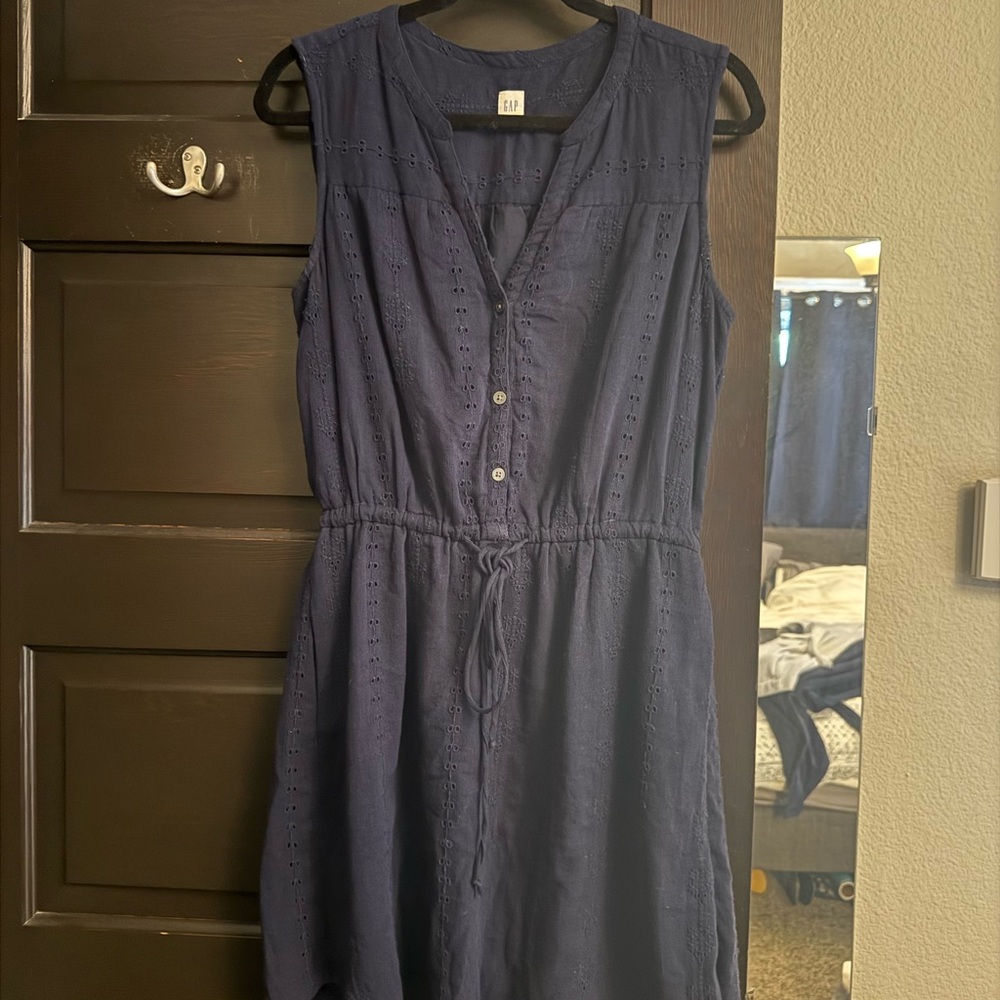 GAP Navy Sleeveless Eyelet Tie Waist Dress